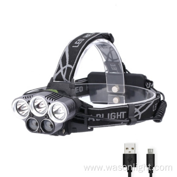 Factory Wholesale High Quality 5LED Most Powerful Adjustable Strong Light Rechargeable Led Headlamp Torch With Tail Safety Light